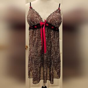 Y2K Cosmopolitan Leopard Print w Lace & Ribbon Trim Babydoll Lingerie Slip Dress